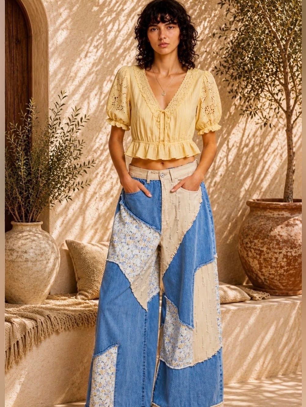 POL Daisy Drift Patchwork Wide-Leg Jeans in Blue and Beige - Picture 2 of 4